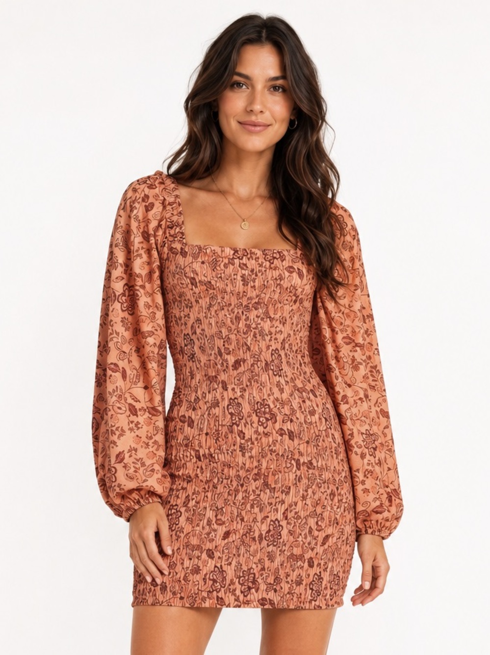 FREE PEOPLE Smock It To Me Mini Dress Apricot Combo MEDIUM  Western Boho Cottage